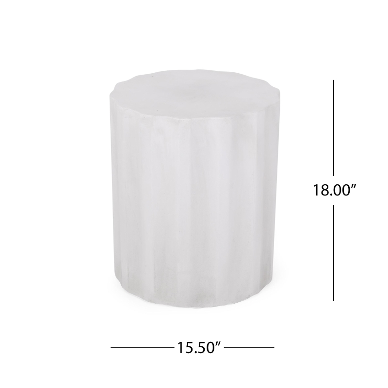 Outdoor Concrete Side Table with Subtly Fluted Cylindrical Base, Cylindrical Accent Table with Soft Wave Edge, 15.5'' L x 15.5'' W x 18'' H, Antique White