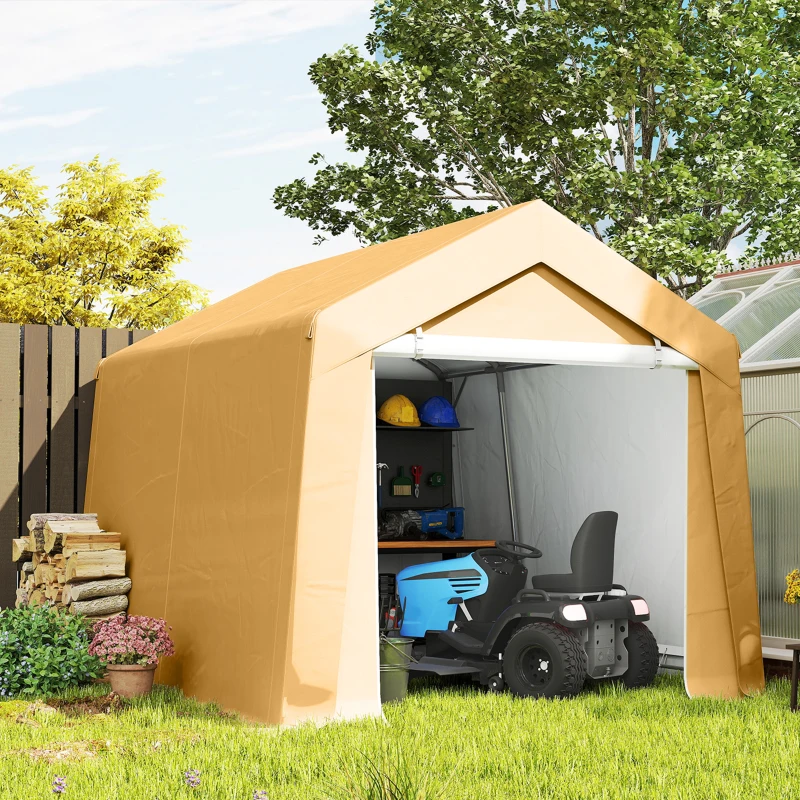 Outsunny 10' x 10' Outdoor Storage Shed Portable Garage with Roll-up Door for Motorcycle, Bike, Garden Tools, Beige