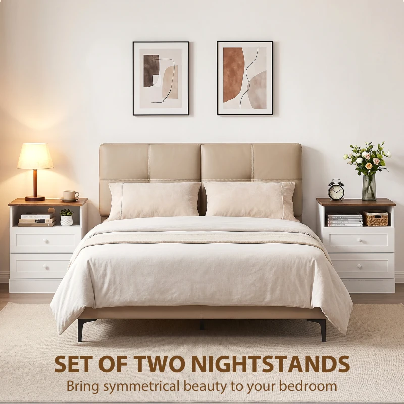 HOMCOM Nightstand with Charging Station 2 Drawers Bedside Table Set of 2 White and Oak