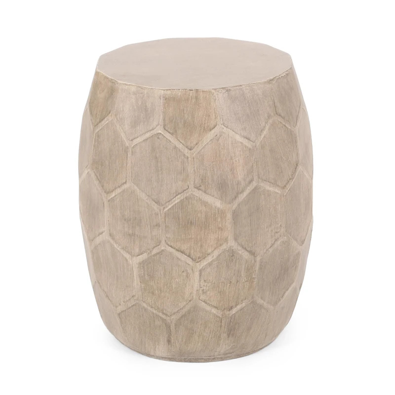 Outdoor Lightweight Concrete Side Table with Subtly Fluted Cylindrical Base, Cylindrical Accent Table with Soft Wave Edge, 14.5'' L x 14.5'' W x 19'' H, Natural