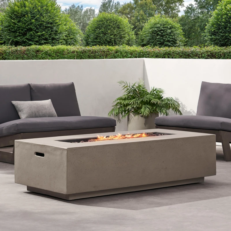 50,000 BTU Propane Fire Table with Powder-Coated Iron Frame, Smokeless Liquid Fireplace with Durable Construction, 56'' L x 26'' W x 15'' H, Light Gray