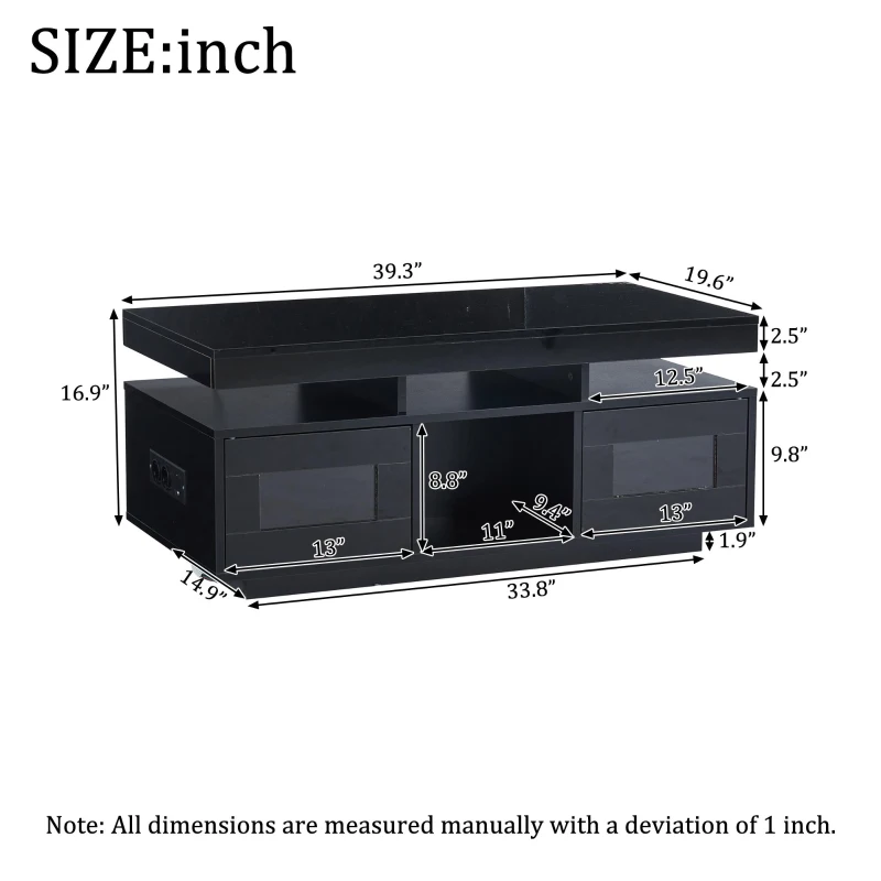 High Gloss Coffee Table with App-Controlled LED Light Strip, Functional Center Table with 2 Soft-Close Acrylic Cabinets, 39.5" L x 19.5" W x 17" H, Black