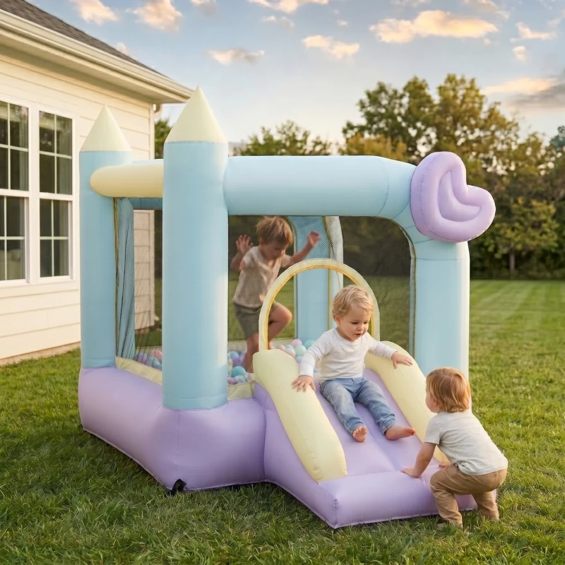 Qaba Inflatable Bounce House with Air Blower, Slide, Stakes, Repair Patches, Storage Bag, for Kids Ages 3-8, 98" x 65" x 79"