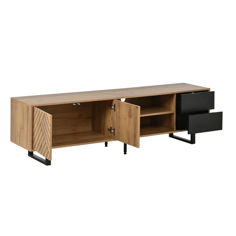 65-Inch Modern TV Stand with Geometric Diagonal Carved Door, Stylish TV Cabinet with Low-Profile Design, 65" L x 15.5" W x 19.5" H, Natural