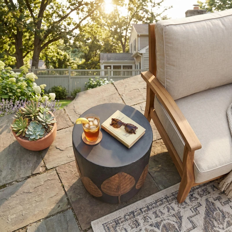 Outdoor Lightweight Concrete Side Table with Subtly Fluted Cylindrical Base, Modern Accent Table with Soft Wave Edge, 15'' L x 15'' W x 18.5'' H, Copper