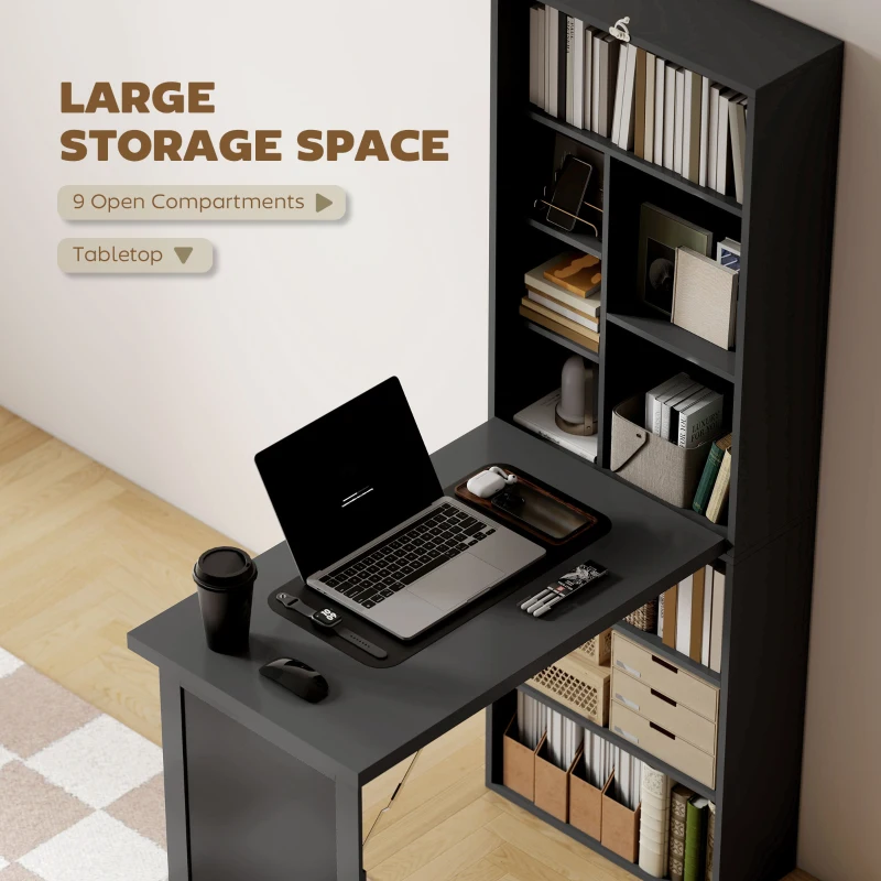 HOMCOM Fold-out Convertible Office Desk, Wall Mount Computer Desk with Blackboard and Side Shelf, Black