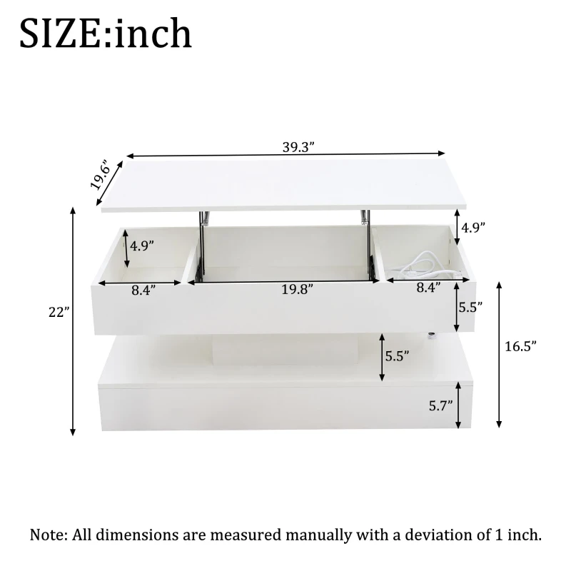 Modern Lift-Up Coffee Table with Bluetooth App-Controlled RGB Lights, Functional Center Table with Hidden Storage, 39.5" L x 19.5" W x 22" H, White