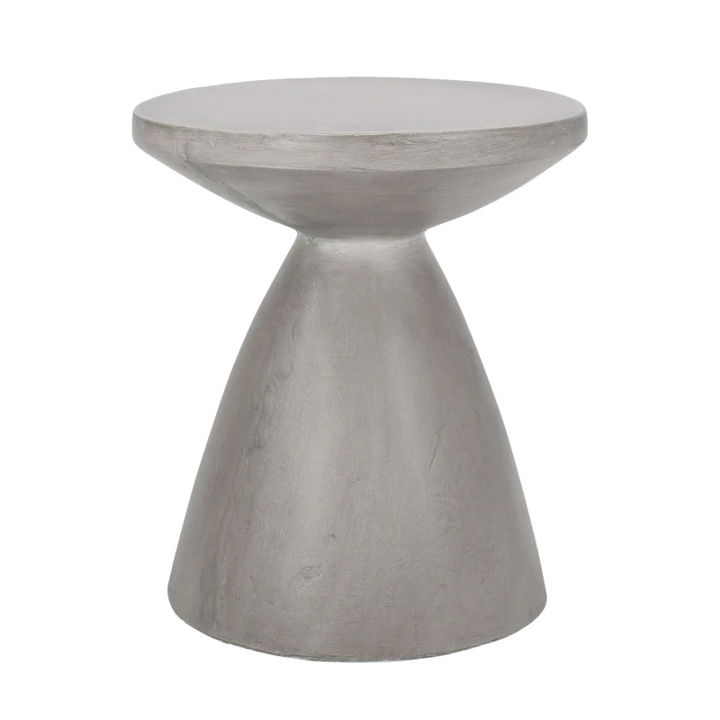 Outdoor Concrete Side Table with Subtly Fluted Cylindrical Base, Fluted Cylindrical Accent Table with Soft Wave Edge, 18'' L x 18'' W x 20.5'' H, Light Grey