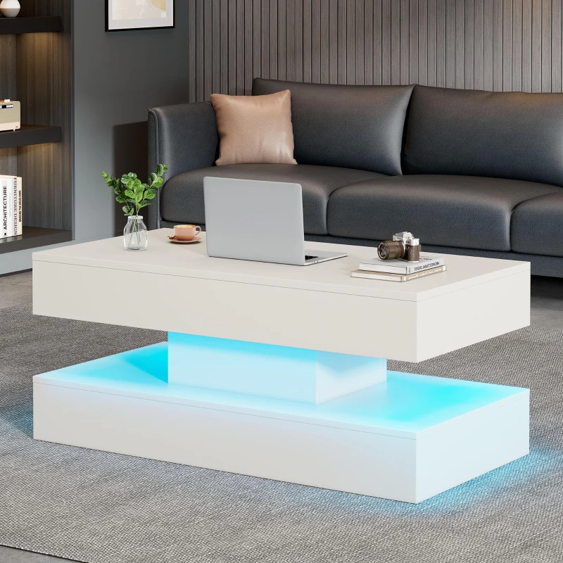 Modern Lift-Up Coffee Table with Bluetooth App-Controlled RGB Lights, Functional Center Table with Hidden Storage, 39.5" L x 19.5" W x 22" H, White