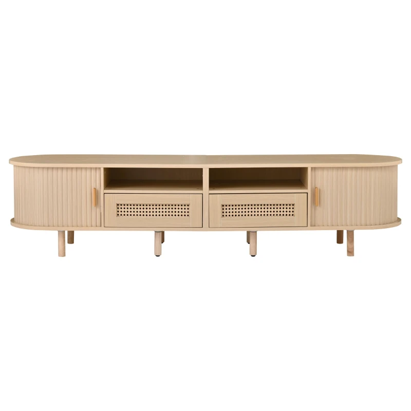Modern TV Stand with 2 Rattan Drawers and 2 Sliding Doors, Rounded-Corner TV Cabinet with Centre Rattan Panel, 65" L x 15.5" W x 15.5" H, Natural