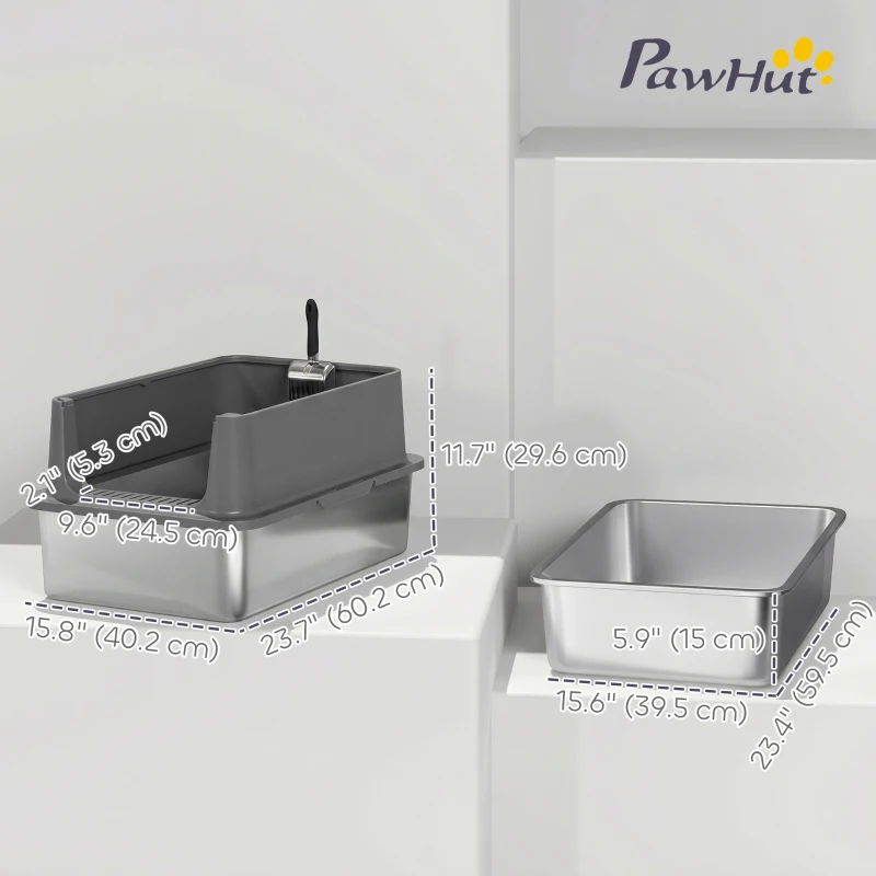 PawHut XL Stainless Steel Cat Litter Box for Big and Multiple Cats with High Wall Side, Scoop, Easy Cleaning & Odor Free