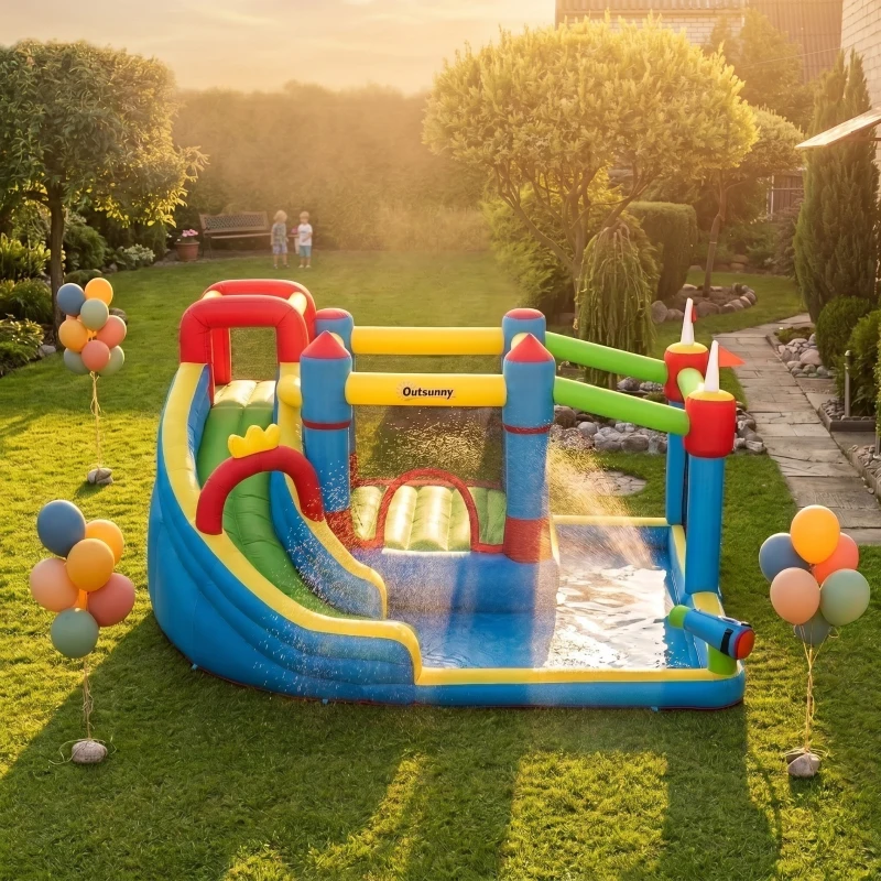 Outsunny 6-in-1 Inflatable Water Slide with Splash Pool, Slide, Climbing Wall, Water Cannon, Inflatable Bounce House for Kids with 2 Min. Inflation and Air Blower