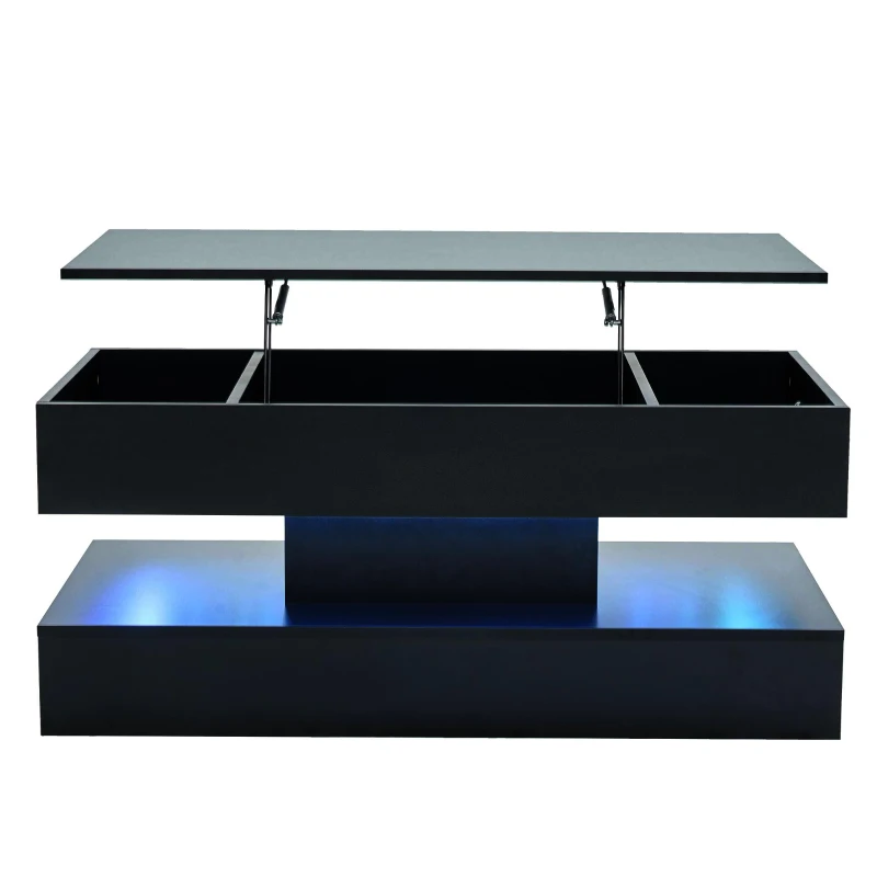 Modern Lift-Up Coffee Table with Bluetooth App-Controlled RGB Lights, Functional Center Table with Hidden Storage, 39.5" L x 19.5" W x 22" H, Black