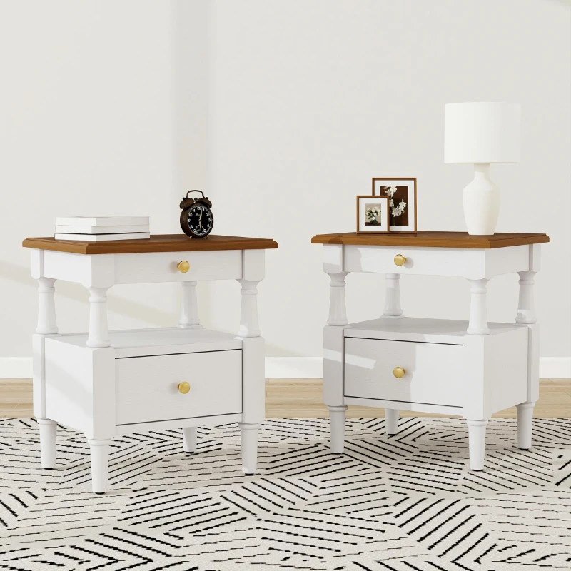 Set of 2 Modern Nightstand with Drawers and Open Shelves, Wooden Bedside Tables with Non‑Slip Rubber Feet, 19'' L x 15'' W x 22.5'' H, Milk White