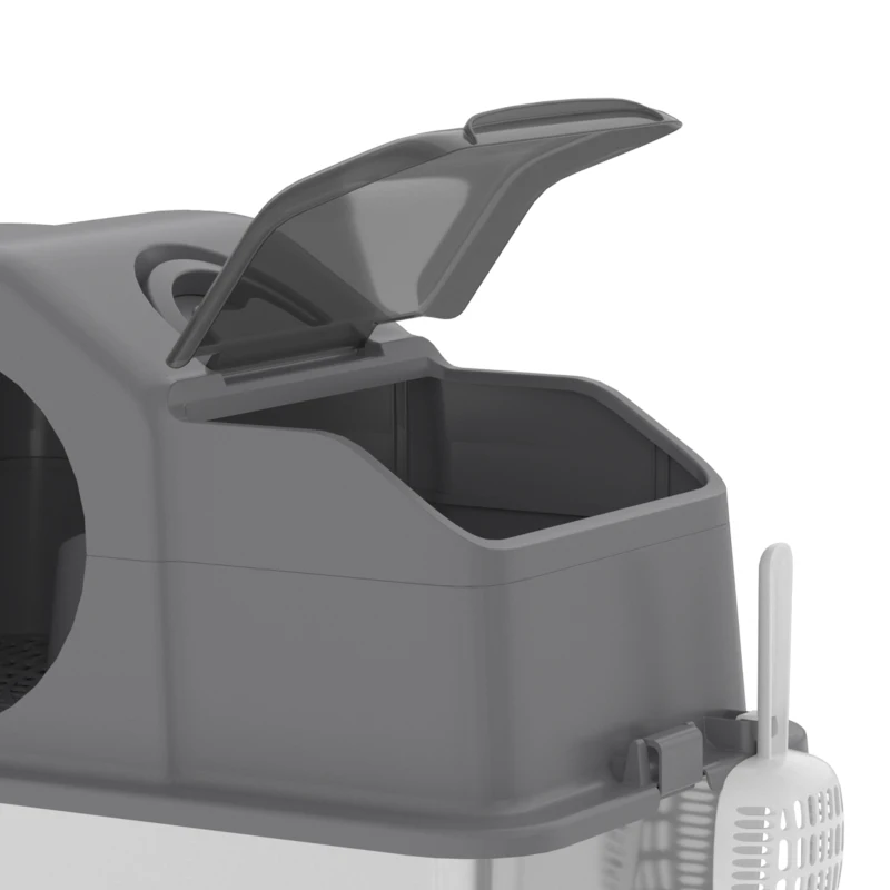 PawHut Extra Large Stainless Steel Cat Litter Box w/ High Sided, Removable Lid, Scoop, Odor Free, Non-Sticky, Dark Grey