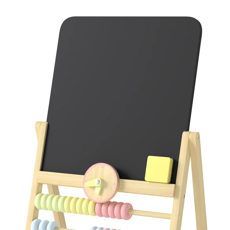 Qaba Wooden Kids Art Easel with Double-Sided Chalkboard, Clock, Abacus, Blackboard Eraser for Painting, for Ages 2+, Natural