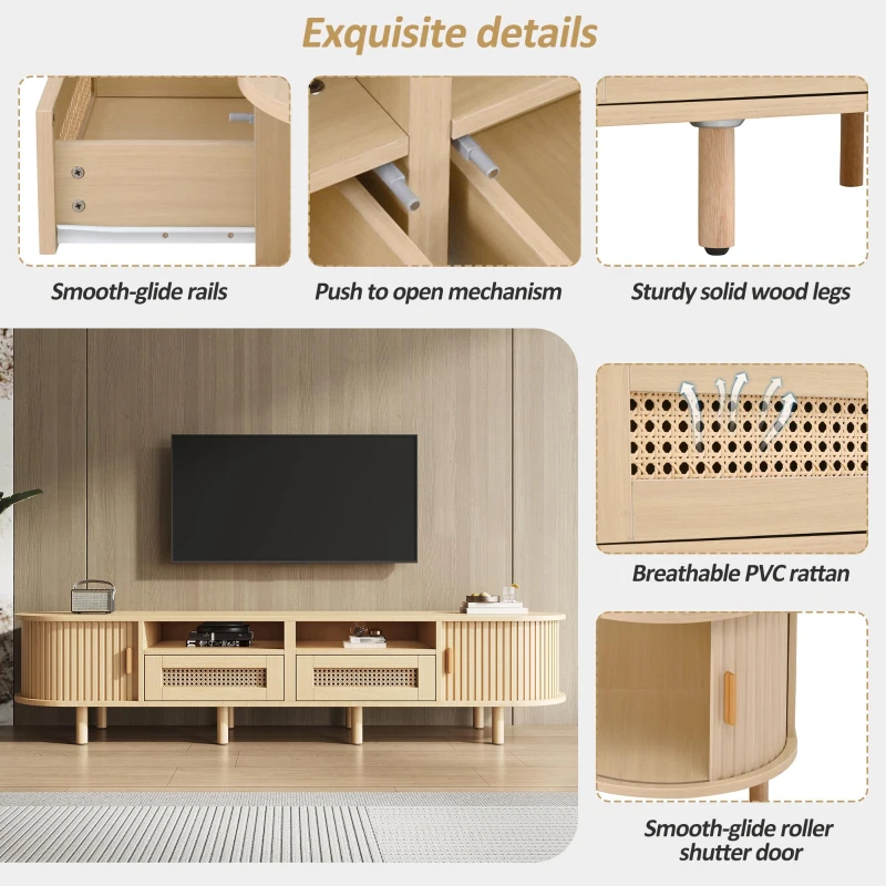 Modern TV Stand with 2 Rattan Drawers and 2 Sliding Doors, Rounded-Corner TV Cabinet with Centre Rattan Panel, 65" L x 15.5" W x 15.5" H, Natural