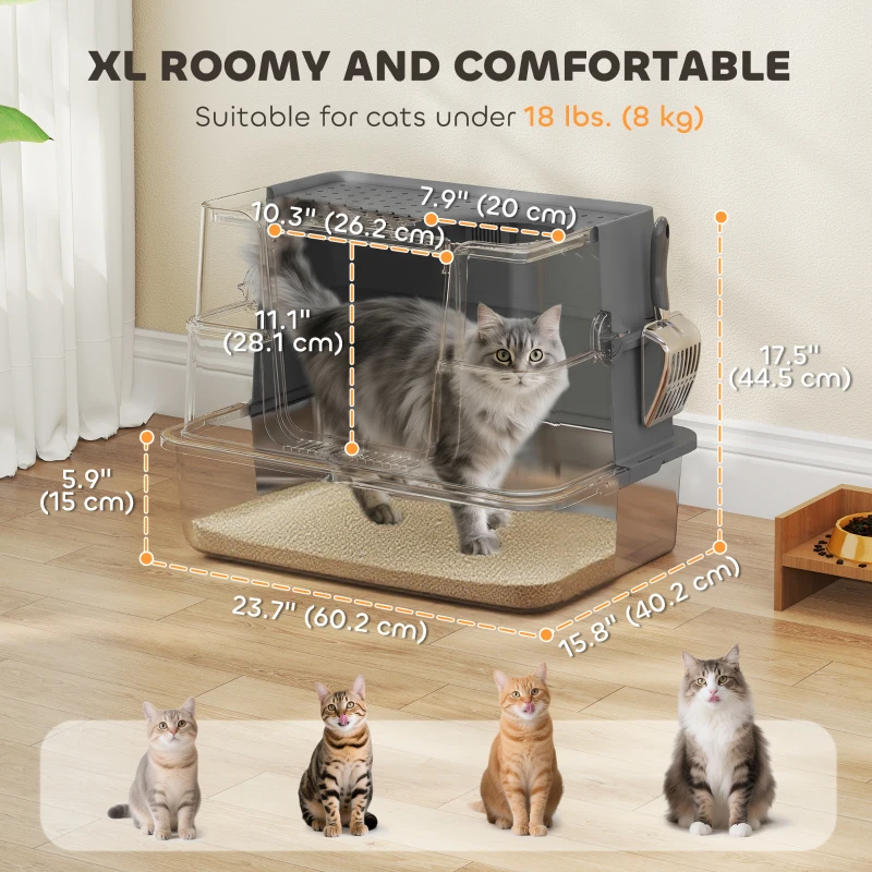 PawHut XL Stainless Steel Litter Box w/ 100° Flip Top, Scoop, Side Top Dual Entry, Odor Free, Easy Cleaning, Anti Leakage