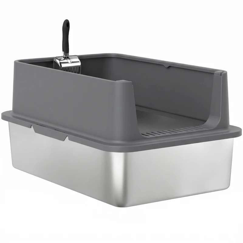 PawHut XL Stainless Steel Cat Litter Box for Big and Multiple Cats with High Wall Side, Scoop, Easy Cleaning & Odor Free