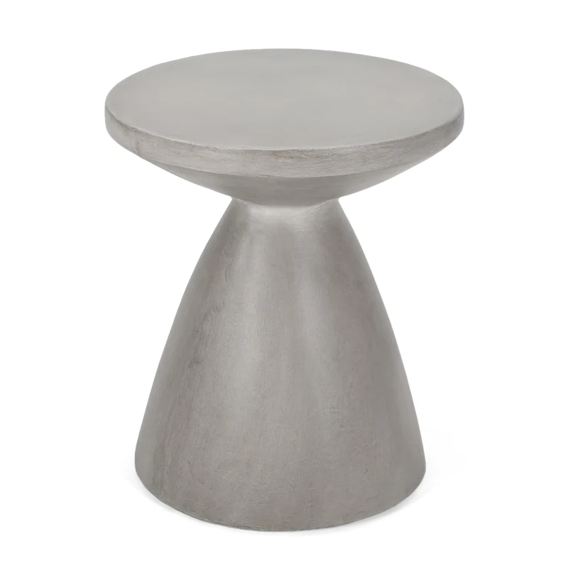 Outdoor Concrete Side Table with Subtly Fluted Cylindrical Base, Fluted Cylindrical Accent Table with Soft Wave Edge, 18'' L x 18'' W x 20.5'' H, Light Grey