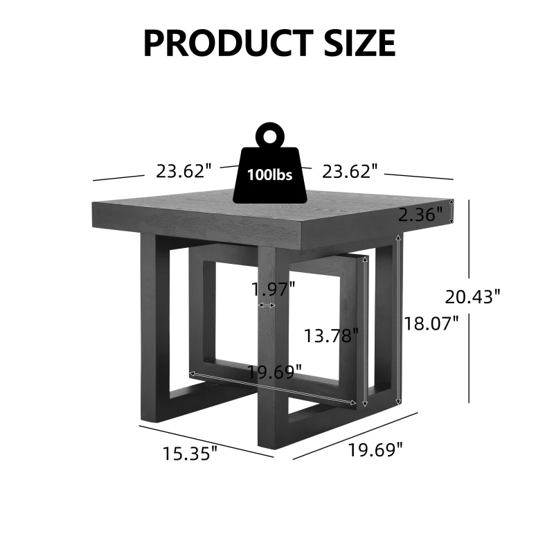 Solid Wood End Table with Non-Slip Feet and Compact Surface, Farmhouse Side Table for Small Spaces and Sofa Accent, 23.5'' L x 23.5'' W x 20.5'' H, Black