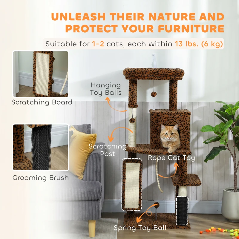 PawHut 52 Inch Cat Tree with Scratching Posts, Cat Bed, Condo, Jumping Platforms, Toy Balls, Anti-tip Kit