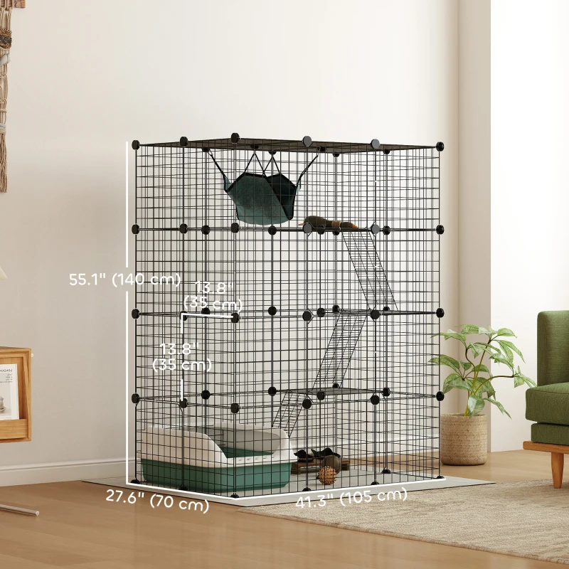 PawHut 4-Tier DIY Large Cat Cage with Hammock, Platforms, Ramps, Accessories for 1-3 Cats, Indoor Use, Black