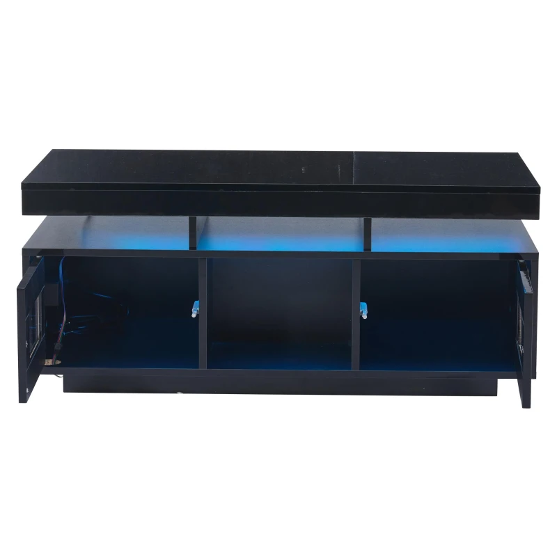 High Gloss Coffee Table with App-Controlled LED Light Strip, Functional Center Table with 2 Soft-Close Acrylic Cabinets, 39.5" L x 19.5" W x 17" H, Black