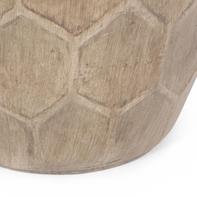 Outdoor Lightweight Concrete Side Table with Subtly Fluted Cylindrical Base, Cylindrical Accent Table with Soft Wave Edge, 14.5'' L x 14.5'' W x 19'' H, Natural