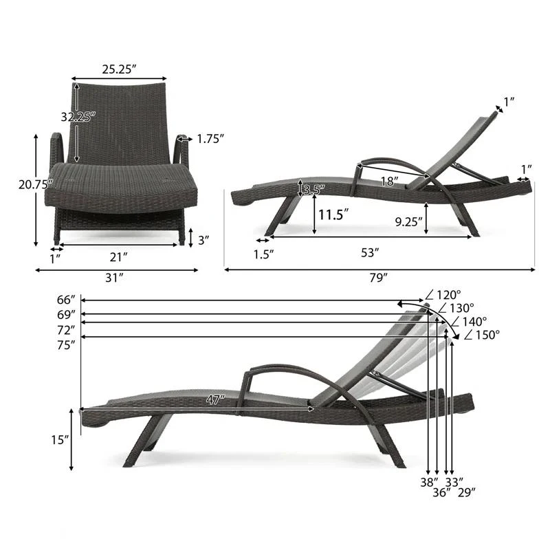 Set of 2 PE Rattan Chaise Lounge with Weather-Resistant Loungers, Adjustable Poolside Recliners with Folding Legs, 78.5'' L x 31'' W x 20.5'' H, Brown Multi