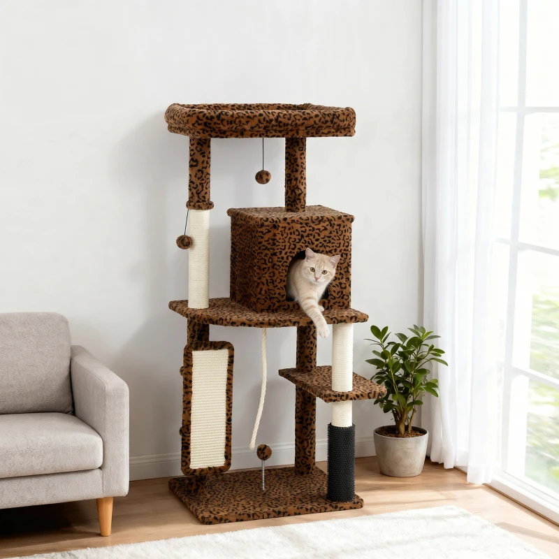 PawHut 52 Inch Cat Tree with Scratching Posts, Cat Bed, Condo, Jumping Platforms, Toy Balls, Anti-tip Kit