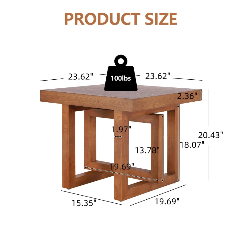 Solid Wood End Table with Sturdy Solid Wood Construction, Bedside Accent Table with Non-Slip Feet, 23.5'' L x 23.5'' W x 20.5'' H, Walnut