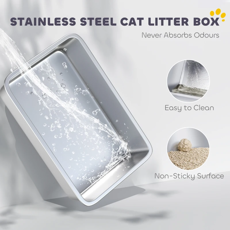 PawHut XL Stainless Steel Cat Litter Box for Big and Multiple Cats with High Wall Side, Scoop, Easy Cleaning & Odor Free