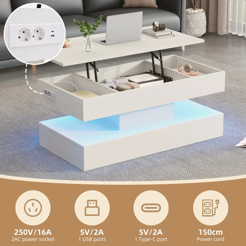 Modern Lift-Up Coffee Table with Bluetooth App-Controlled RGB Lights, Functional Center Table with Hidden Storage, 39.5" L x 19.5" W x 22" H, White