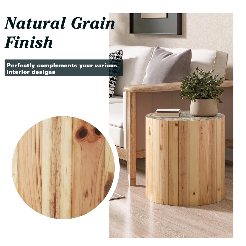 Round End Table with Natural Wood Grain Finish, Solid Wood Side Table for Living Room and Bedroom, 15.5'' L x 15.5'' W x 16'' H, Beige Brown