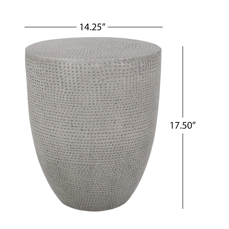 Outdoor Concrete Side Table with Subtly Fluted Cylindrical Base, Boho Fluted Cylindrical Accent with Soft Wave Edge, 14'' L x 14'' W x 17.5'' H, Natural