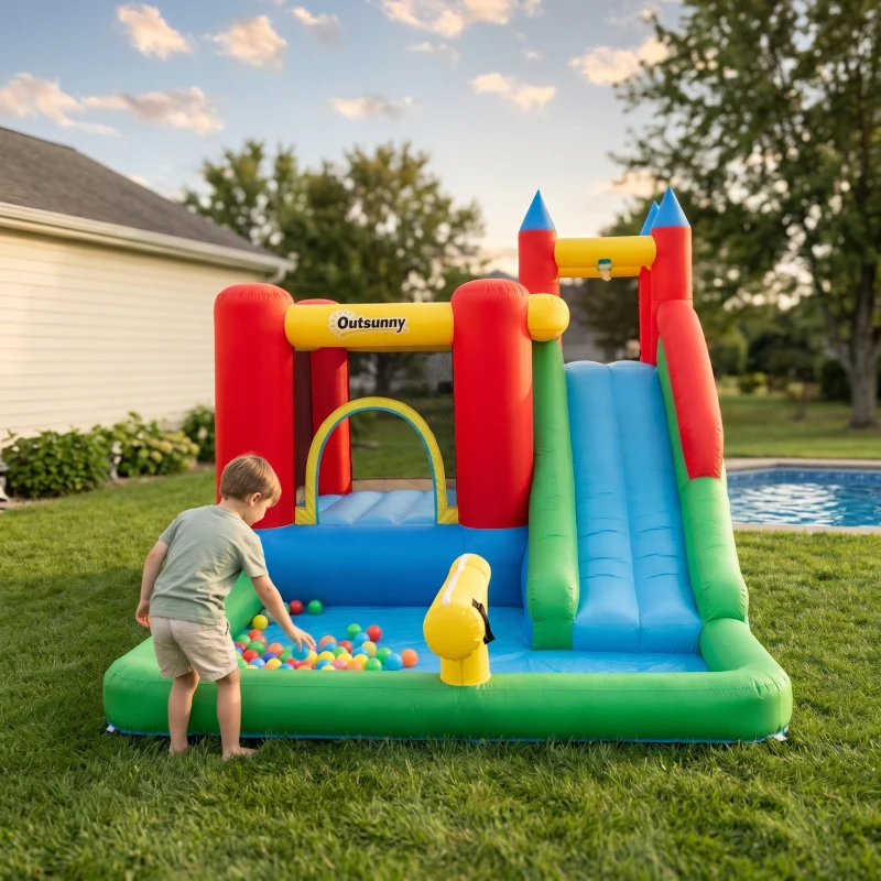 Outsunny Kids Bounce House Inflatable Slide with Splash Pool, Water Cannon, Climbing Wall, Inflator Included, 6 in1 Bouncy Castle Kids Backyard Activity Outdoor Water Play Toy