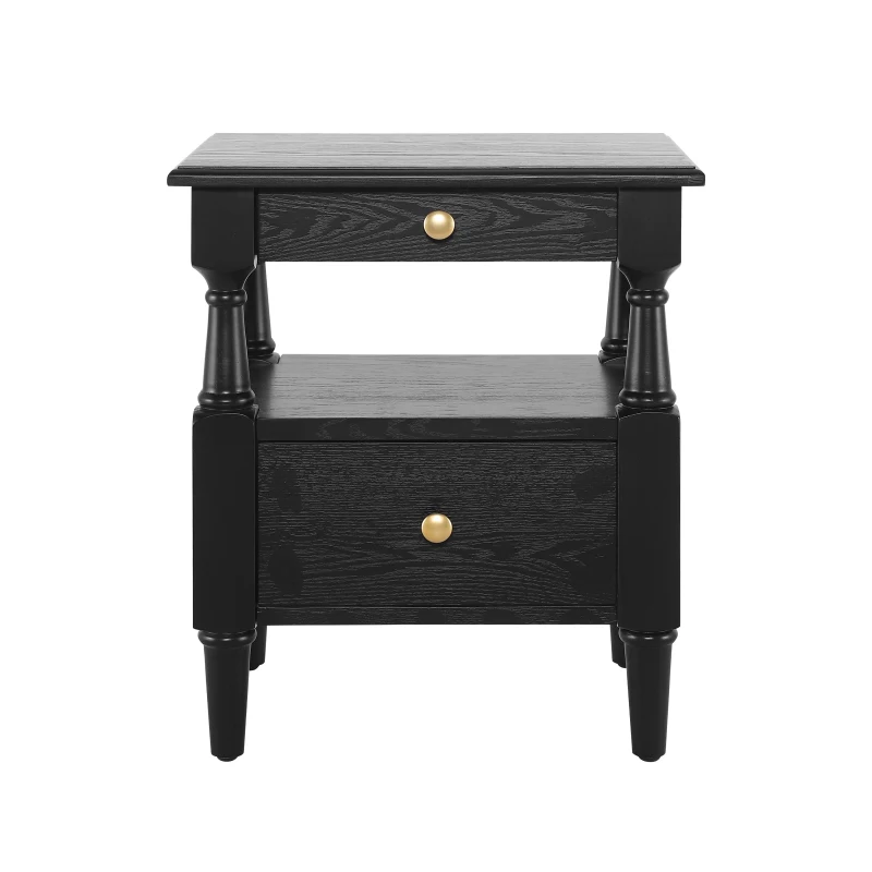 Wooden Nightstand with Drawers and Open Shelf, Natural-Textured Bedside Table with Non-Slip Feet, 19'' L x 15'' W x 22.5'' H, Black