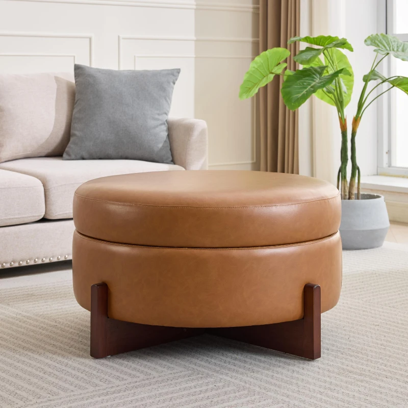 Round Storage Ottoman with Tufted Fabric Upholstery, Multi-Functional Coffee Table with Solid Wood Legs, 32'' L x 32'' W x 17.5'' H, Brown