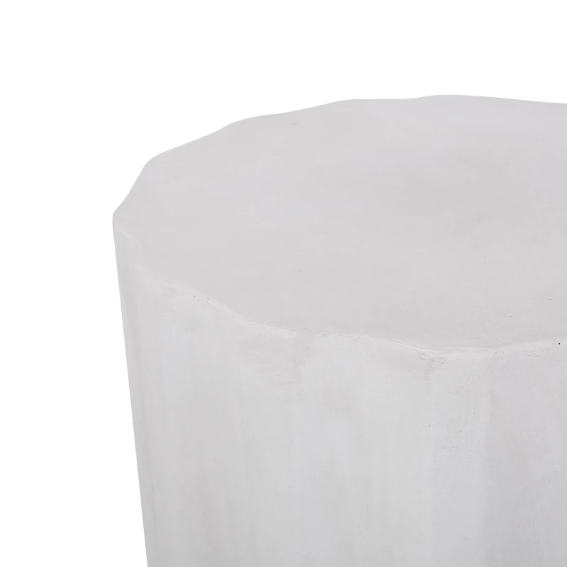 Outdoor Concrete Side Table with Subtly Fluted Cylindrical Base, Cylindrical Accent Table with Soft Wave Edge, 15.5'' L x 15.5'' W x 18'' H, Antique White
