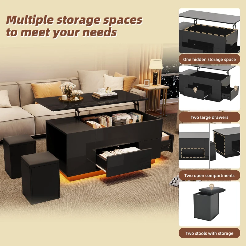 4-in-1 Coffee Table with Height-Adjustable Hydraulic Lift, Versatile Center Table with 2 Soft-Close Drawers, 39.5" L x 19.5" W x 23" H, Black