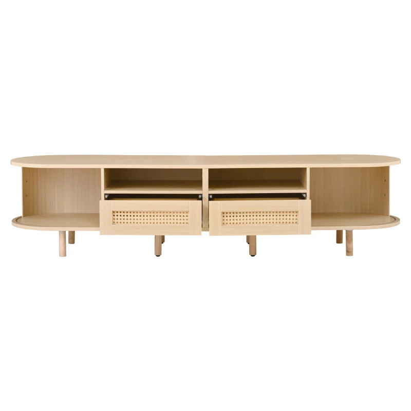 Modern TV Stand with 2 Rattan Drawers and 2 Sliding Doors, Rounded-Corner TV Cabinet with Centre Rattan Panel, 65" L x 15.5" W x 15.5" H, Natural