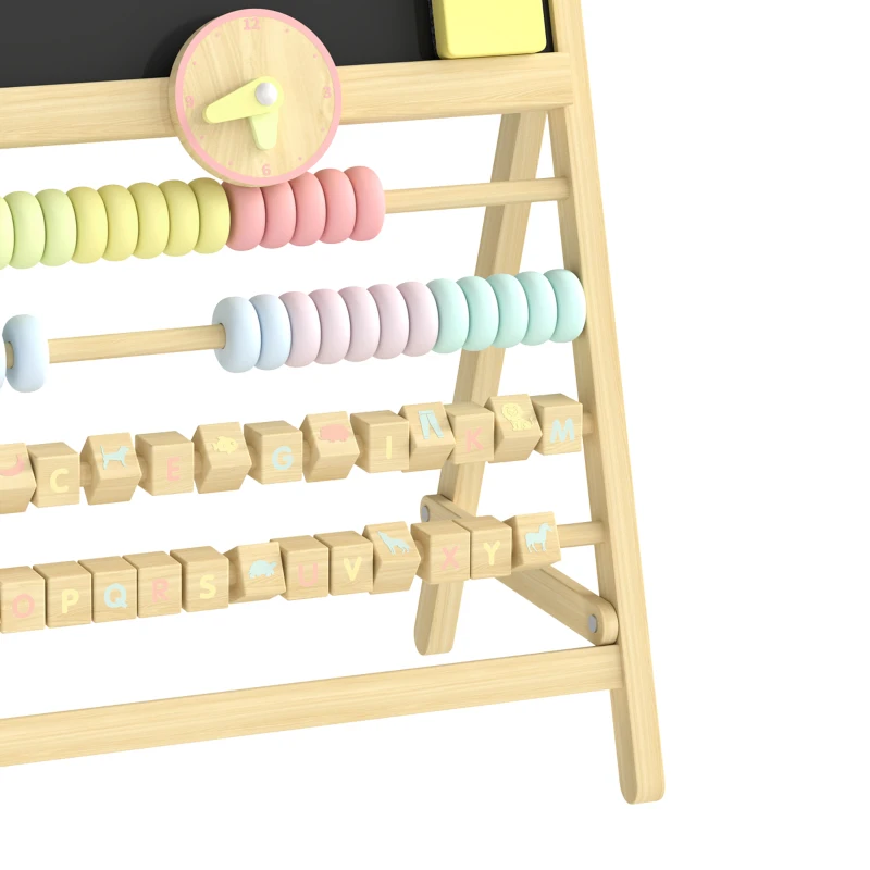 Qaba Wooden Kids Art Easel with Double-Sided Chalkboard, Clock, Abacus, Blackboard Eraser for Painting, for Ages 2+, Natural