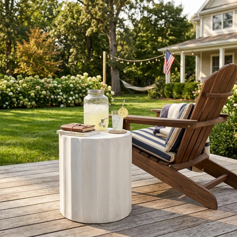 Outdoor Concrete Side Table with Subtly Fluted Cylindrical Base, Cylindrical Accent Table with Soft Wave Edge, 15.5'' L x 15.5'' W x 18'' H, Antique White