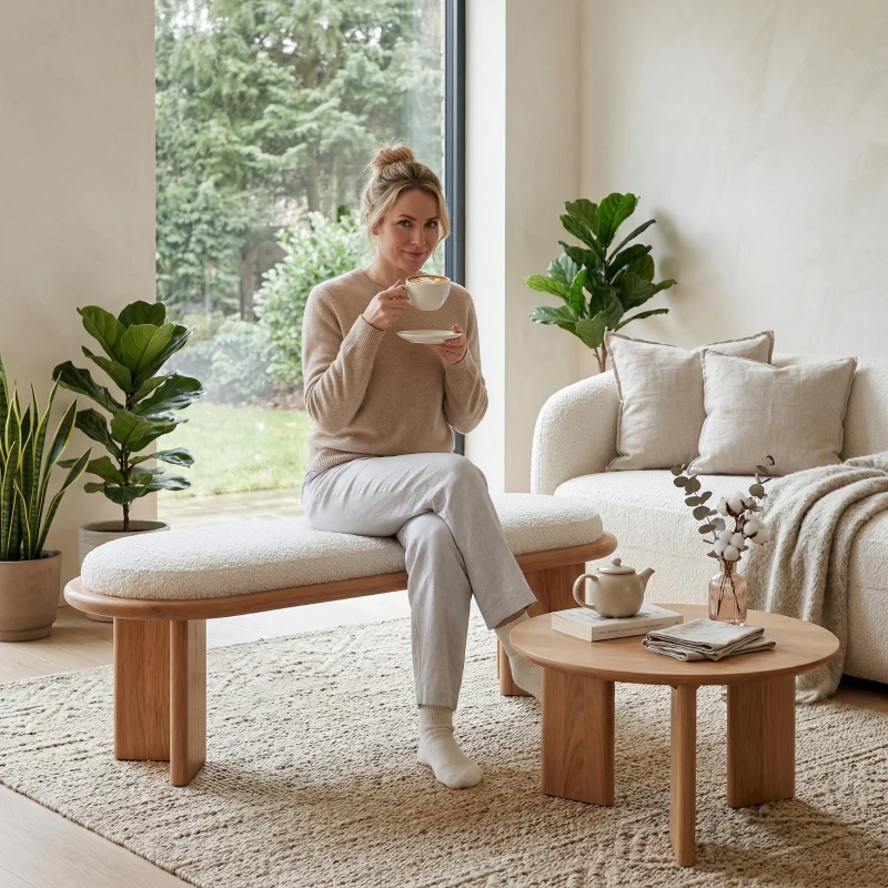 Solid Wood End-of-Bed Bench with High-Resilience Foam, Space-Saving Hallway Seating with Solid Wood Frame, 47'' L x 17.5'' W x 17'' H, Natural Wood
