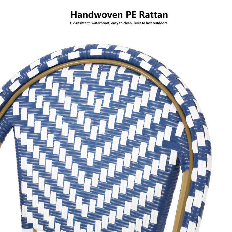 PE Rattan Counter Chairs with Rust‑Resistant Aluminium Frame, Set of 2 Outdoor Barstool with Bamboo‑Print Finish, 18'' L x 24.5'' W x 45.5'' H, White+Blue