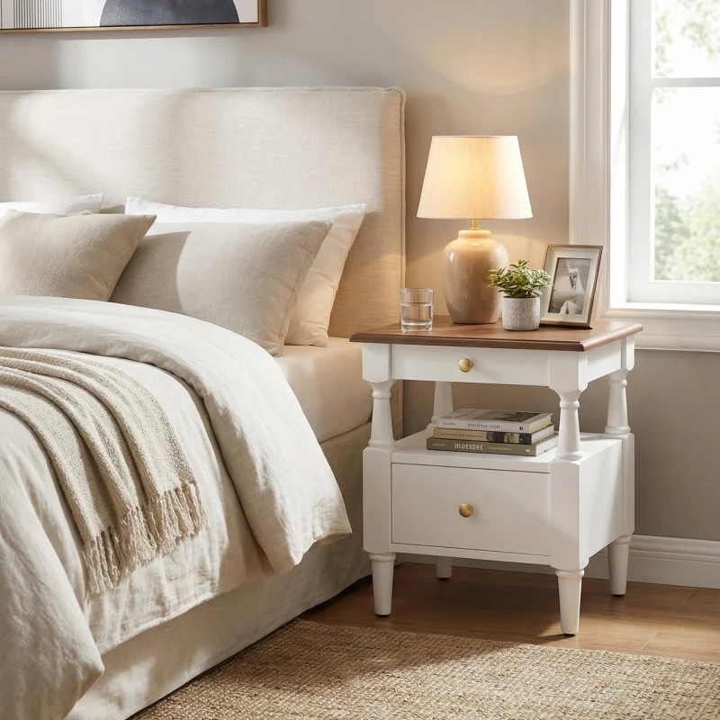 Modern Wooden Nightstand with Drawers and Open Shelf, Solid Wood Bedside Table with Non-Slip Rubber Feet, 19'' L x 15'' W x 22.5'' H, Milk White
