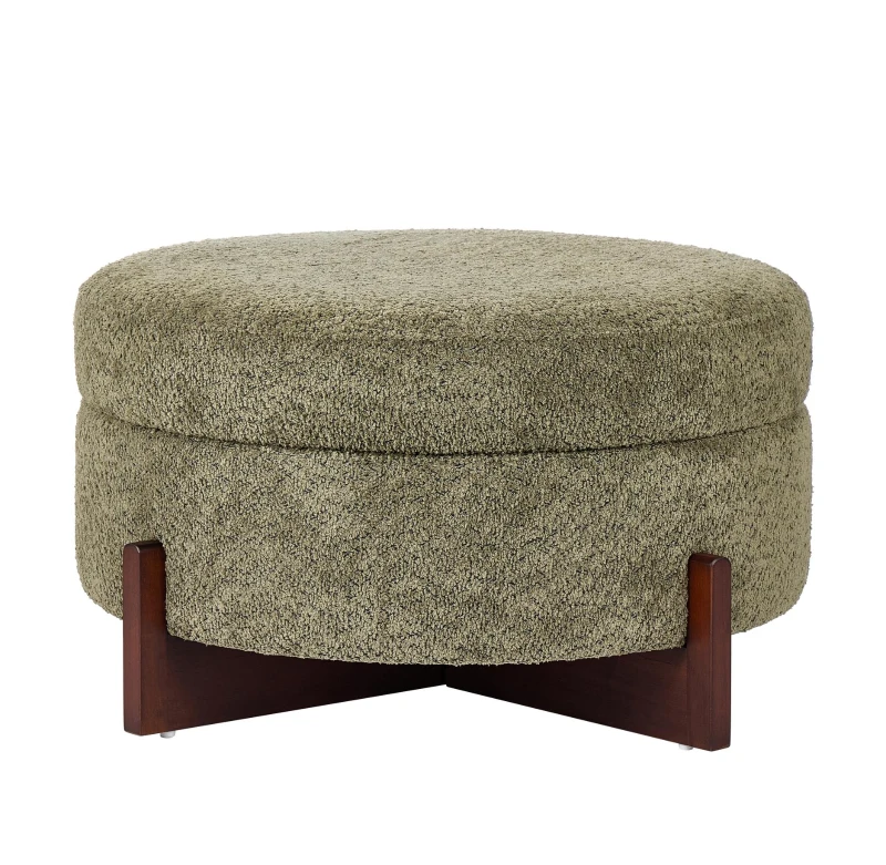 Round Storage Ottoman with Tufted Fabric Upholstery, Multi-Functional Coffee Table with Solid Wood Legs, 32'' L x 32'' W x 17.5'' H, Green
