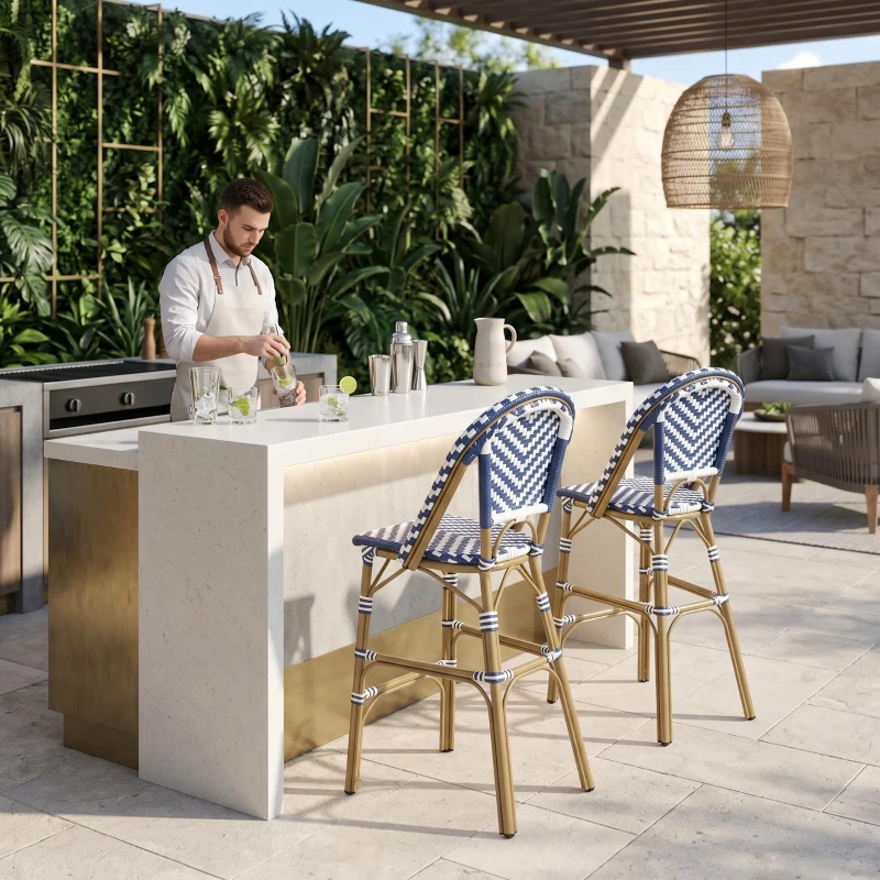 PE Rattan Counter Chairs with Rust‑Resistant Aluminium Frame, Set of 2 Outdoor Barstool with Bamboo‑Print Finish, 18'' L x 24.5'' W x 45.5'' H, White+Blue
