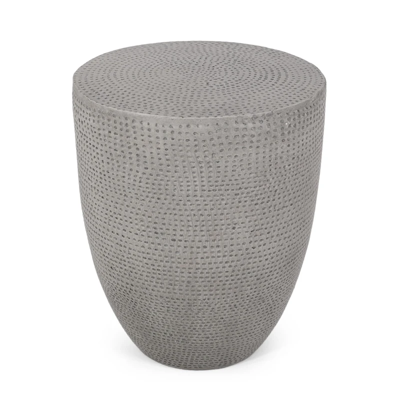 Outdoor Concrete Side Table with Subtly Fluted Cylindrical Base, Boho Fluted Cylindrical Accent with Soft Wave Edge, 14'' L x 14'' W x 17.5'' H, Natural